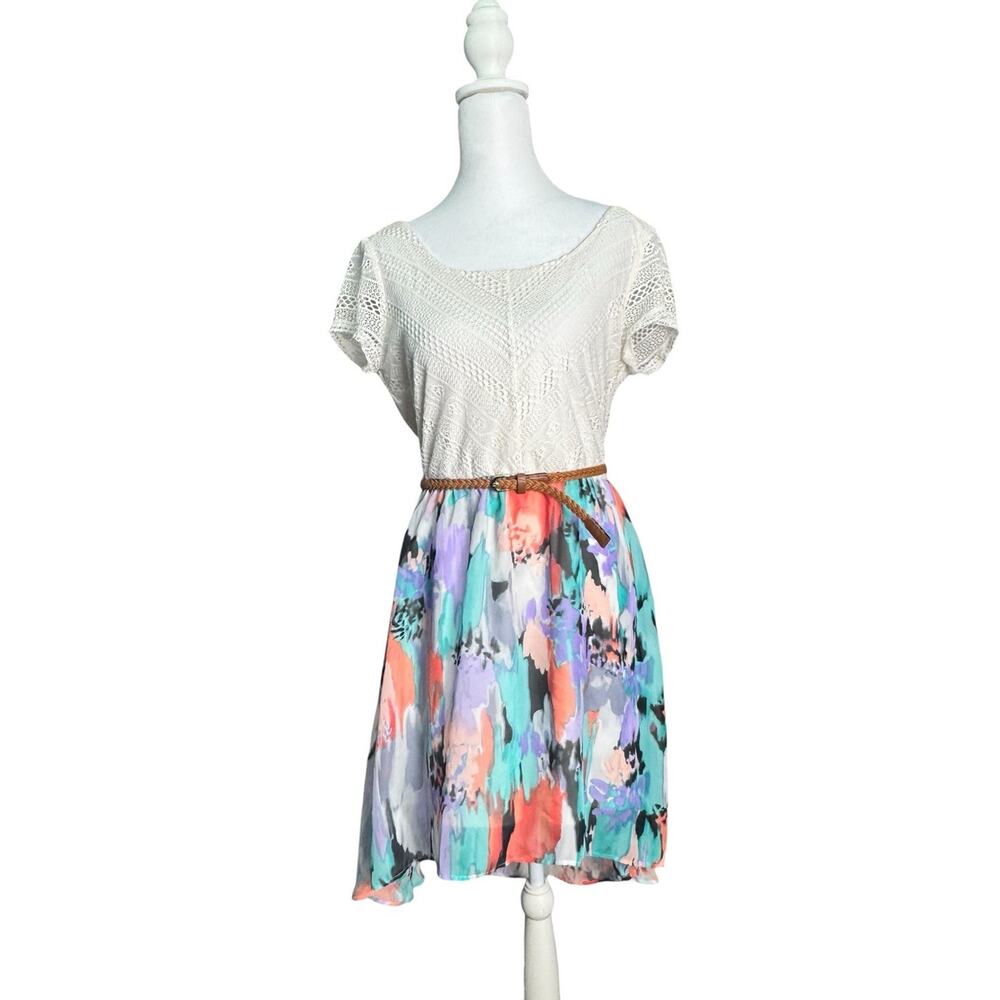 Lily Rose Womens Western Boho Lace Prairie Dress Belted Watercolor Hi Low Medium